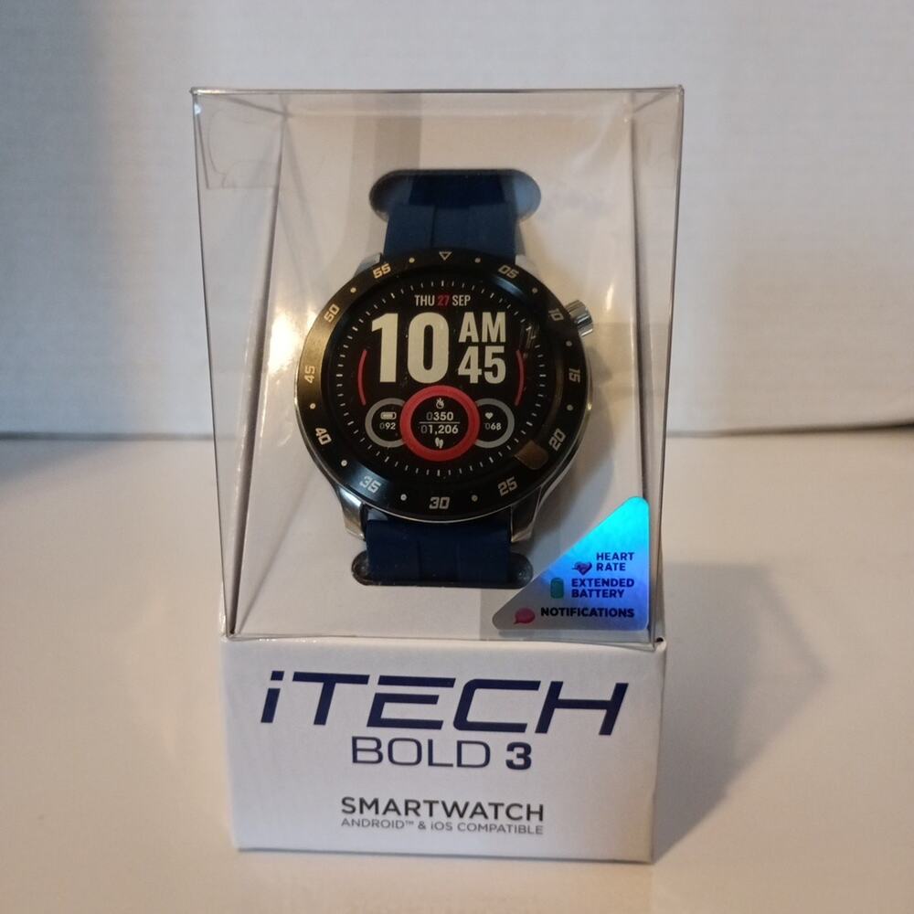 iTech Bold 3‎ Smart Watch Fitness Tracker Bluetooth Blue Silicone Strap